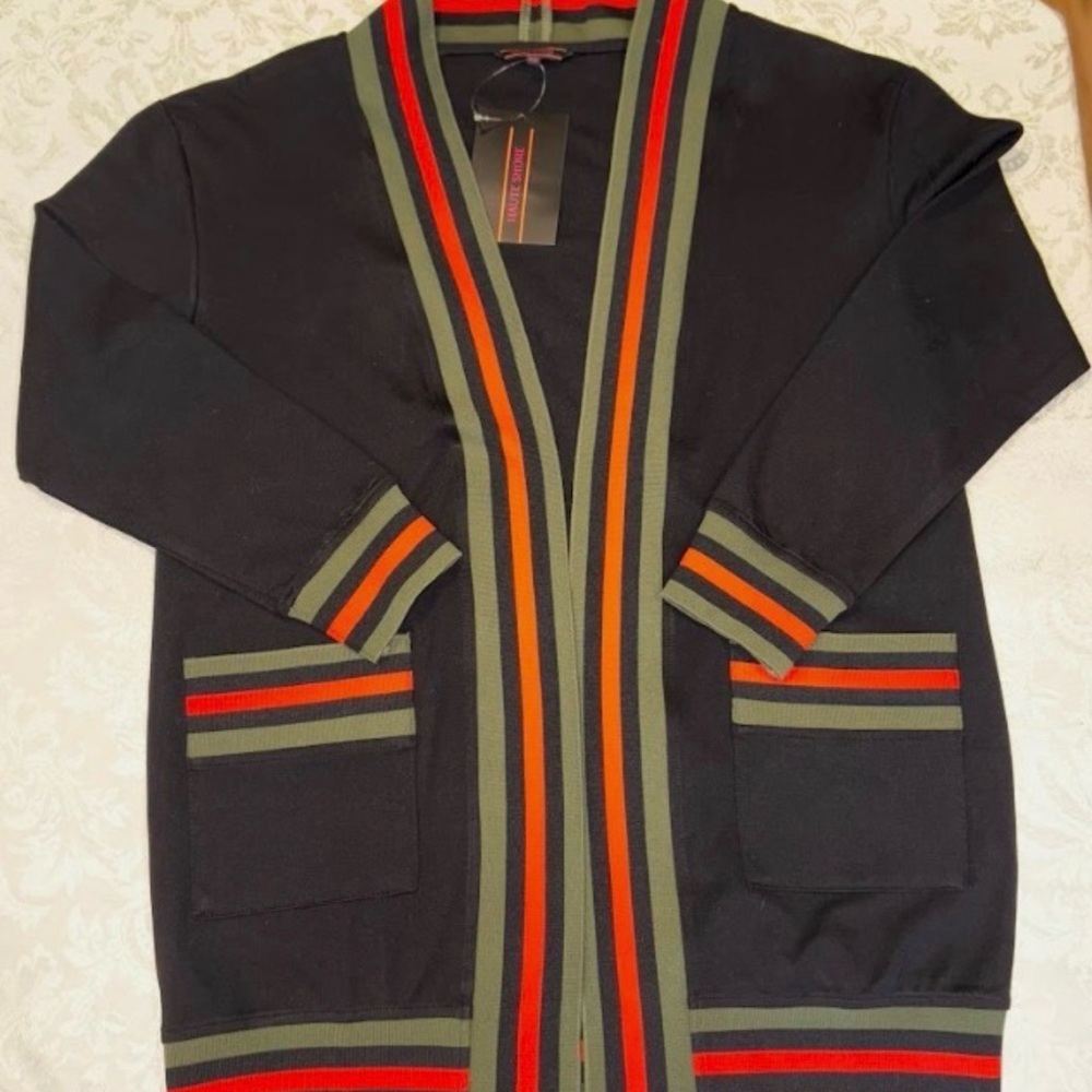 NWT Haute Shore Cody Cardigan | Black with Olive & Red Striped Trim | OS